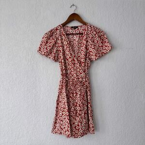 Madwell Red w/ White Floral Pattern Mini Wrap Dress Size Small